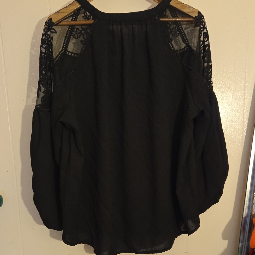 Black Lace Sleeves Women's Blouse With Key Hole Tie In Back